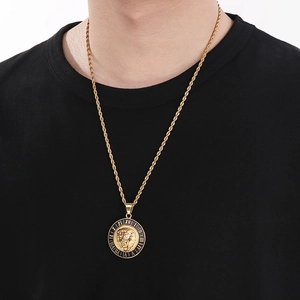 Hip hop men's gold lion head compass pendant with roman numerals on twisted chain