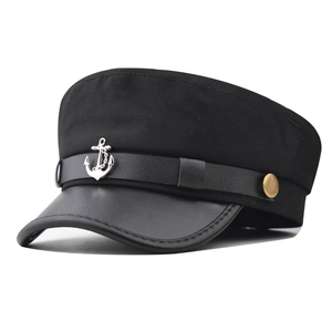 Cappello da Marinaio Donna Berretto Capitano Con Distintivo Ancora in Metallo Tesa in Ecopelle Cotone Lino Militare per Primavera Autunno