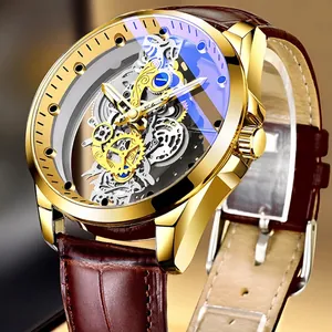 Men Automatic Skeleton Mechanical Watch Business Waterproof Luminous Stainless Steel Alloy Wristwatch With Leather Metal Strap