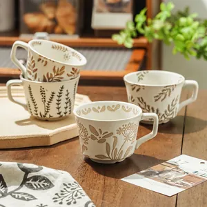Ceramic Mug Hand Painted Plant Leaf Pattern Stoneware Retro Coffee Cup With Handle Nordic Style Home Kitchen