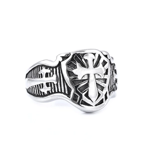 Vintage stainless steel cross shield ring for men with antique finish on white background