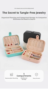 Detailed internal view of portable PU leather jewelry box with multi-layer storage compartments