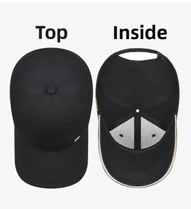 Detail view showing top and inner lining of a black hard-top cotton baseball cap