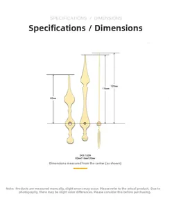 Detailed view of high-gloss gold clock hands with dimensions 82mm, 116mm, and 120mm