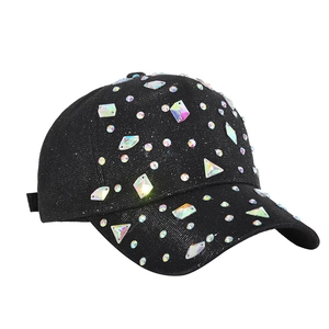 Black baseball cap with colorful rainbow rhinestones and adjustable strap for women and men