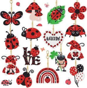 Detailed set of 15 pieces ladybug DIY 5D diamond painting keychains in vibrant colors