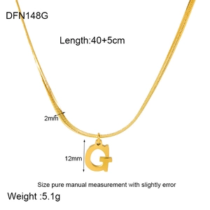 Detail view of 18K gold plated letter G pendant with snake chain measurements
