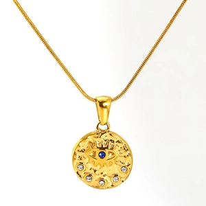Golden titanium steel necklace featuring a hammered turquoise evil eye pendant for women