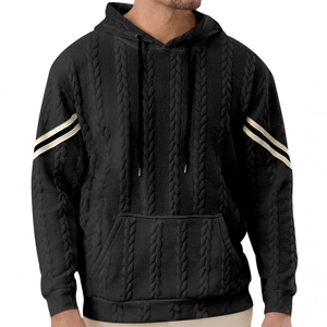 Men's black hooded knit sweater featuring cable-knit texture and beige sleeve stripes