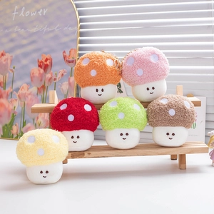 Cute plush mushroom keychains set in six colors with happy faces and polka dots