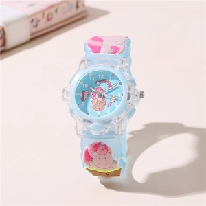 Close-up of light blue silicone strap with 3D cartoon unicorn and cloud patterns for kids