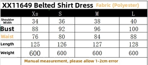 Detailed sizing chart and material info for the belted shirt style maxi dress