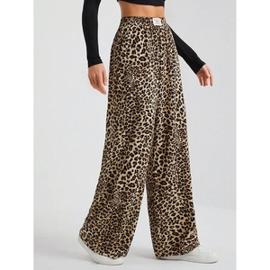 Women's leopard print wide-leg trousers with high elastic waist and relaxed fit