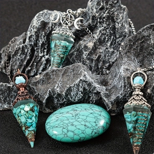 Natural turquoise crystal chips in hexagonal resin pendulum with antique silver chain