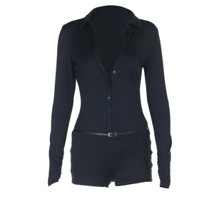 Women's black long sleeve V-neck romper with front buttons and waist belt in chic style