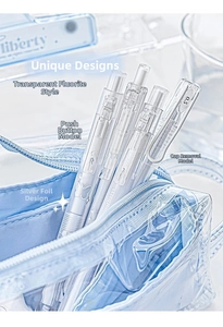 Detail of 0.5mm fluorite style gel pens with silver foil accents in a clear ice blue pouch