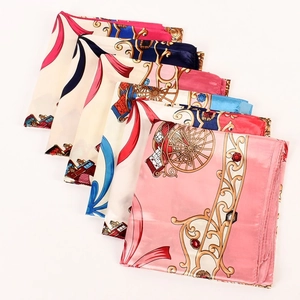 Baroque style silk satin scarf featuring vintage horse carriage print in multiple colors