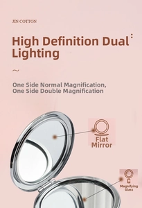 Detailed view of silver portable vanity mirror with 1x normal and 2x magnification lenses