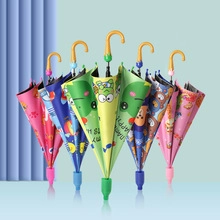 Assorted colorful long-handle kids umbrellas with various cute cartoon patterns