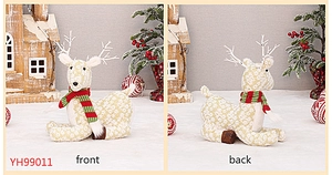 Front and back views of reindeer fabric ornaments with snowflake patterns and striped scarves