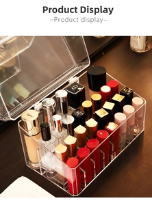 Close-up of clear acrylic cosmetic organizer with dust-proof lid and multiple slots