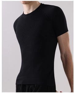 Close-up of seamless compression T-shirt showing breathable texture and slim athletic fit