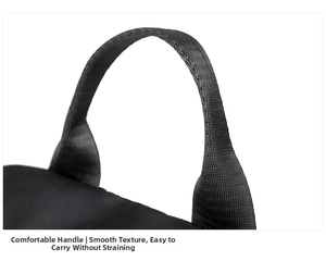Close-up of durable black woven handle with reinforced stitching on a travel backpack