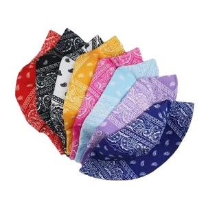 Detailed fan-shaped layout of multi-color bandana pattern cotton bucket hats in eight vibrant shades
