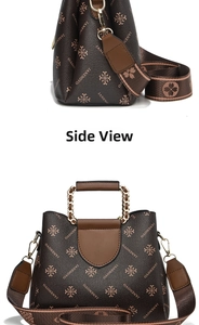 Detailed views of the retro brown patterned handbag with a wide woven shoulder strap