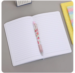 Close-up of horizontal lined inner pages of notebook with a 0.5mm pink cherry pen