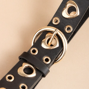 Punk style black leather belt with golden heart-shaped eyelets and matching buckle