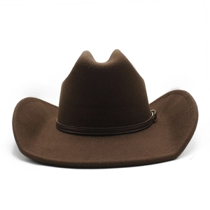Classic dark brown western cowboy wool felt hat with vintage leather band on white background