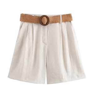 Women high waist wide leg shorts in beige with a woven belt and round buckle