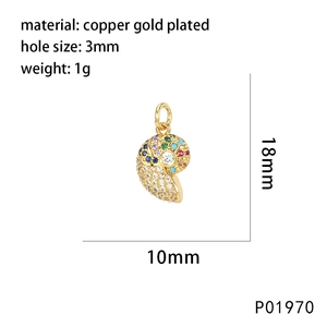 Detailed view of a gold-plated seashell pendant with colorful zircons measuring 18x10mm