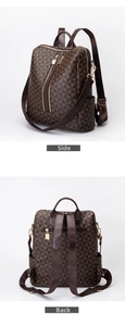 Detail view of the brown geometric pattern backpack showing side and back structure