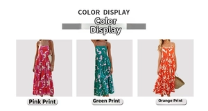 Three variants of spaghetti strap floral maxi dresses in pink, green, and orange prints