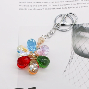 Colorful crystal flower keychain with faceted petals and silver lobster clasp