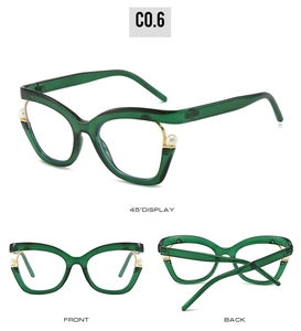 Three-view display of dark green cat-eye glasses frame with gold trim and pearl accents