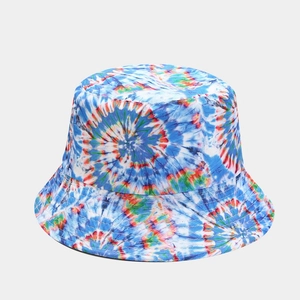 Detailed close-up of multi-color tie-dye patterns and fabric texture on a bucket hat