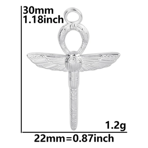 Silver Egyptian Ankh pendant with scarab wings detail and precise size measurements