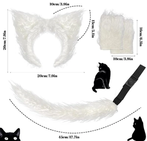Size specifications for plush cat ear headband, gloves, and tail costume accessories