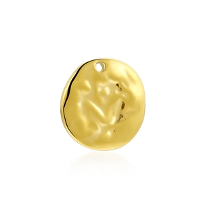 Detailed view of a round 18k gold plated stainless steel pendant with hammered texture