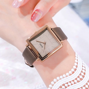 Elegant vintage square rose gold quartz watch with brown leather strap and date display