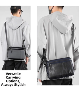 Detail of waterproof nylon crossbody bag showing multiple zip layers and adjustable strap