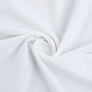 Detail of white textured fabric with horizontal weave and silky drape on backless dress