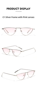 Detail view of silver cat eye sunglasses with pink gradient lenses and metal frame