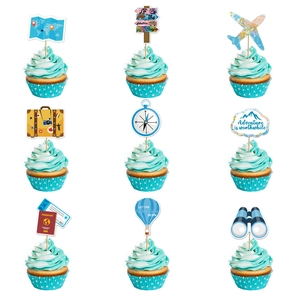 9pcs Adventure Begins travel theme cake toppers with map, airplane, and suitcase icons