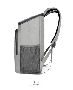 Side view of gray outdoor backpack with mesh side pockets and padded shoulder straps