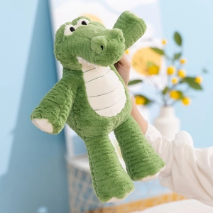 Cute green long-legged crocodile plush toy with soft striped fabric and cream accents