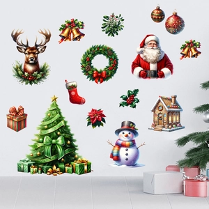 Festive Christmas wall stickers with Santa, reindeer, and tree for home holiday decoration